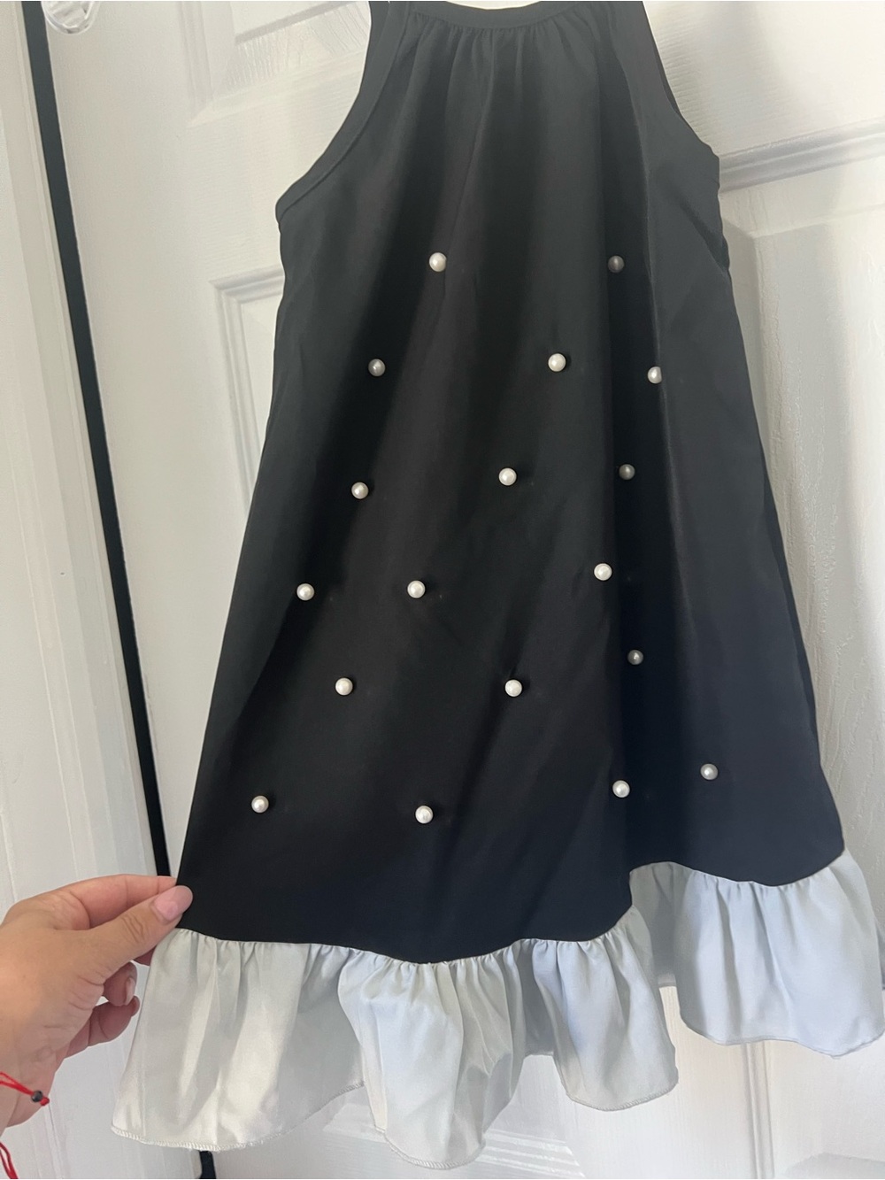 Girls Black Pearl-Studded A-Line Dress with White Ruffle Hem